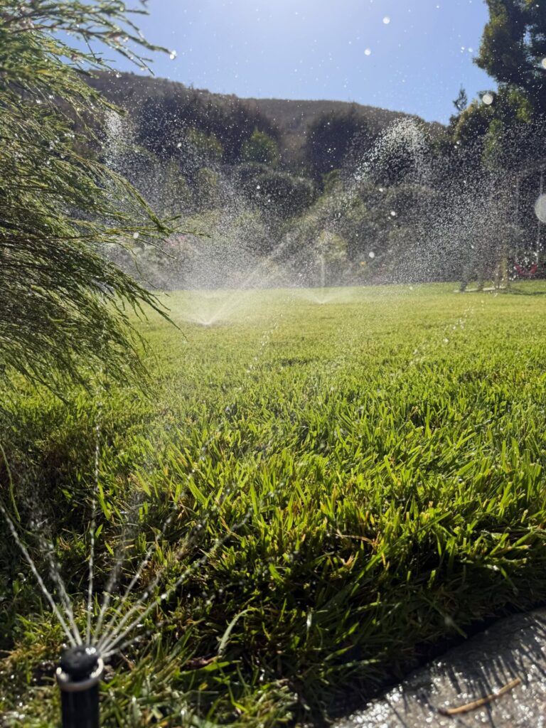 Hunter MP rotators multi-stream watering a green lawn with hillside backdrop